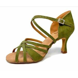 Dance and SWAY Womens Strappy Salsa Ballroom Heels Olive Green Size 6.5 Suede Up